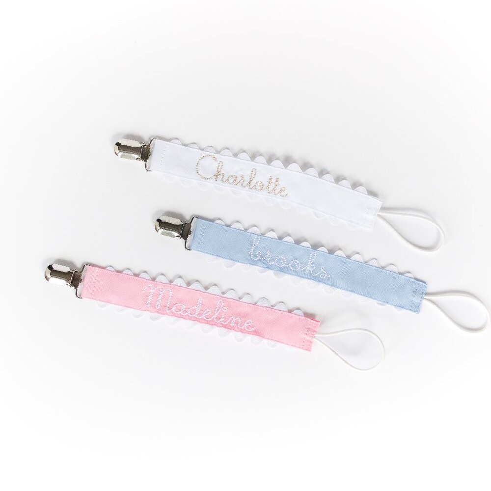 Pink Ric Rac Madeline Hand Lettered Pacifier Clip Paci Clip - New - Picture 2 of 3